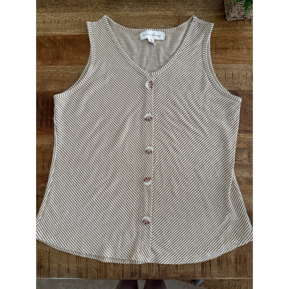 French Laundry Sleeveless Top 1X Beige Stripe Button Front Stretch Casual Plus